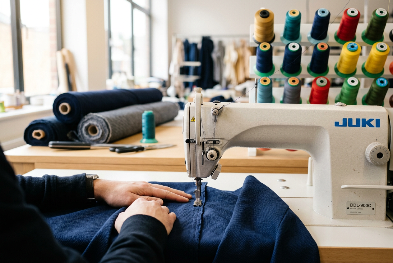Garment production &mdash; industrial sewing with premium fabrics and threads